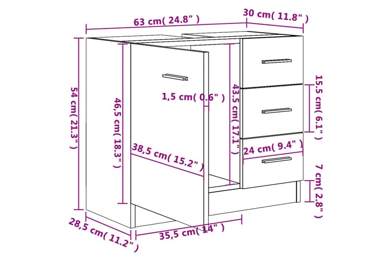 beBasic Tvättställsskåp Grå Sonoma 63x30x54 cm konstruerat trä - Förvaring - Badrumsförvaring & tvättstuga inredning - Badrumsskåp