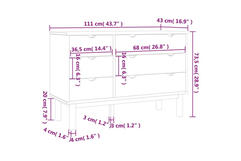 beBasic Byrå brun och vit 113,5x39,5x73 cm massivt furuträ - Förvaring - Förvaringsmöbler - Byrå