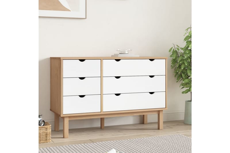 beBasic Byrå brun och vit 113,5x39,5x73 cm massivt furuträ - Förvaring - Förvaringsmöbler - Byrå