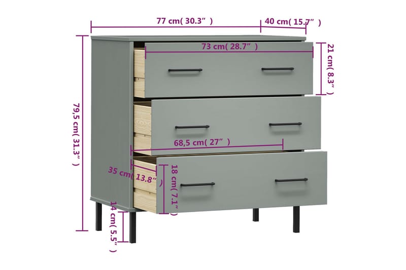 beBasic Byrå med 3 lådor OSLO grå 77x40x79,5 cm massivt trä - Förvaring - Förvaringsmöbler - Byrå