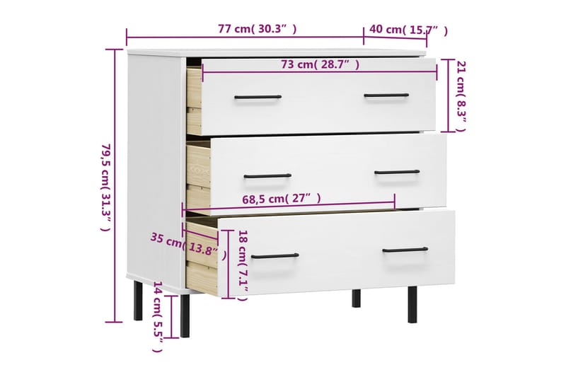 beBasic Byrå med 3 lådor vit OSLO 77x40x79,5 cm massivt trä - Förvaring - Förvaringsmöbler - Byrå