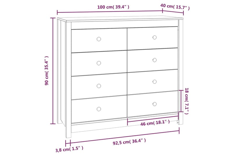 beBasic Sidoskåp vit 100x40x90 cm massiv furu - Förvaring - Förvaringsmöbler - Skänkar & sideboards