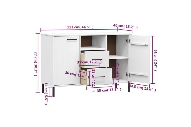 beBasic Skänk med metallben OSLO vit 113x40x77 cm massivt trä - Förvaring - Förvaringsmöbler - Skänkar & sideboards