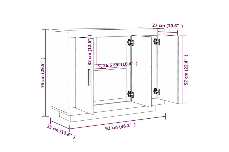 beBasic Skänk rökfärgad ek 92x35x75 cm konstruerat trä - Förvaring - Förvaringsmöbler - Skänkar & sideboards