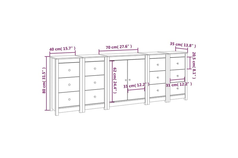 beBasic Skänk svart 230x35x80 cm massiv furu - Förvaring - Förvaringsmöbler - Skänkar & sideboards