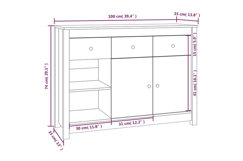 beBasic Skänk vit 100x35x74 cm massiv furu - Förvaring - Förvaringsmöbler - Skänkar & sideboards