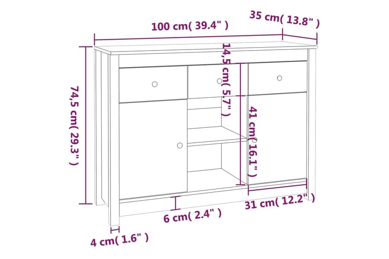 beBasic Skänk vit 100x35x74,5 cm massiv furu - Förvaring - Förvaringsmöbler - Skänkar & sideboards