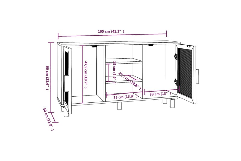 beBasic Skänk vit 105x30x60 cm massiv furu och naturlig rotting - Förvaring - Förvaringsmöbler - Skänkar & sideboards