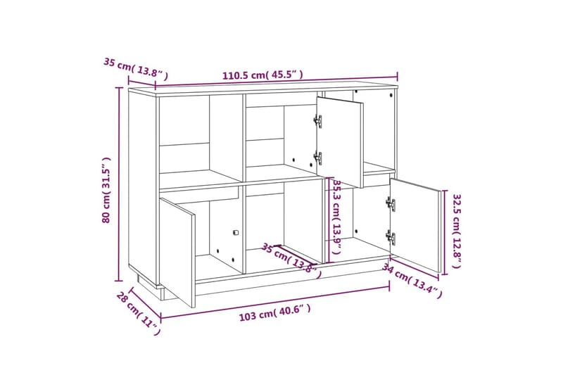 beBasic Skänk vit 110,5x35x80 cm massiv furu - Förvaring - Förvaringsmöbler - Skänkar & sideboards