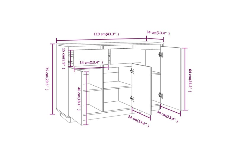 beBasic Skänk vit 110x34x75 cm massiv furu - Förvaring - Förvaringsmöbler - Skänkar & sideboards