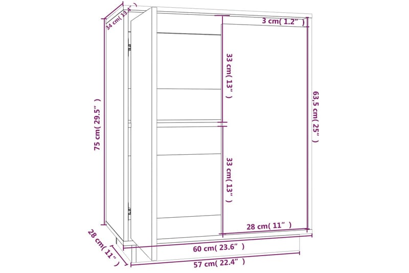 beBasic Skänk vit 60x34x75 cm massiv furu - Förvaring - Förvaringsmöbler - Skänkar & sideboards