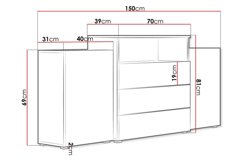 ZUKOWO Byrå 39x150 cm LED Vit/Natur - Förvaring - Förvaringsmöbler - Byrå