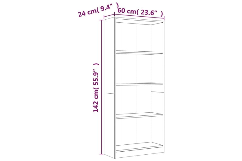 beBasic Bokhylla 4 hyllor grå sonoma-ek 60x24x142 cm konstruerat trä - Förvaring - Hyllor - Bokhylla