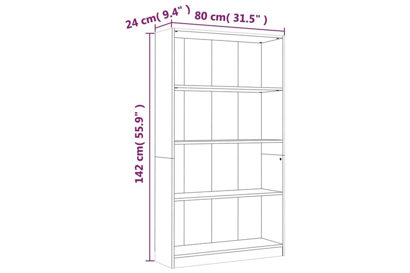 beBasic Bokhylla 4 hyllor rökfärgad ek 80x24x142 cm konstruerat trä - Förvaring - Hyllor - Bokhylla