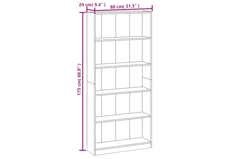 beBasic Bokhylla 5 hyllor rökfärgad ek 80x24x175 cm konstruerat trä - Förvaring - Hyllor - Bokhylla