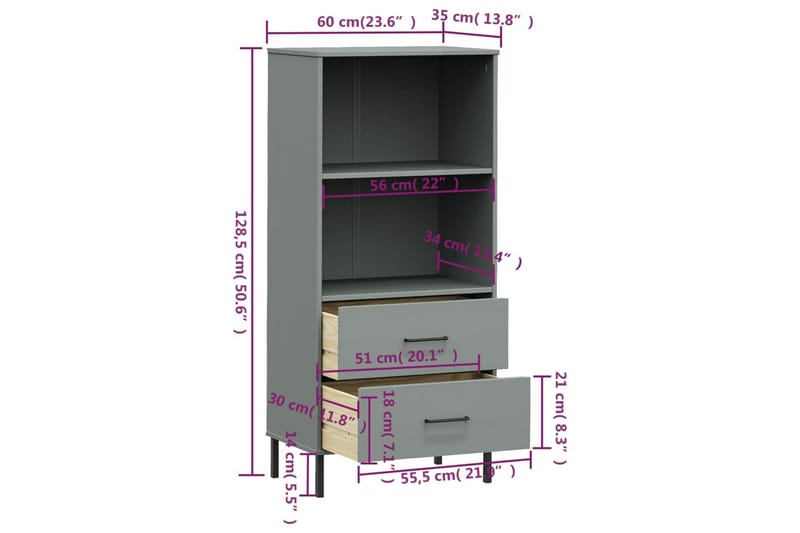 beBasic Bokhylla med 2 lådor OSLO grå 60x35x128,5 cm massivt trä - Bokhylla