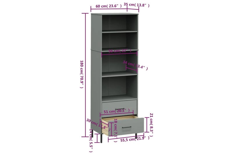 beBasic Bokhylla med 2 lådor OSLO grå 60x35x180 cm massivt trä - Bokhylla