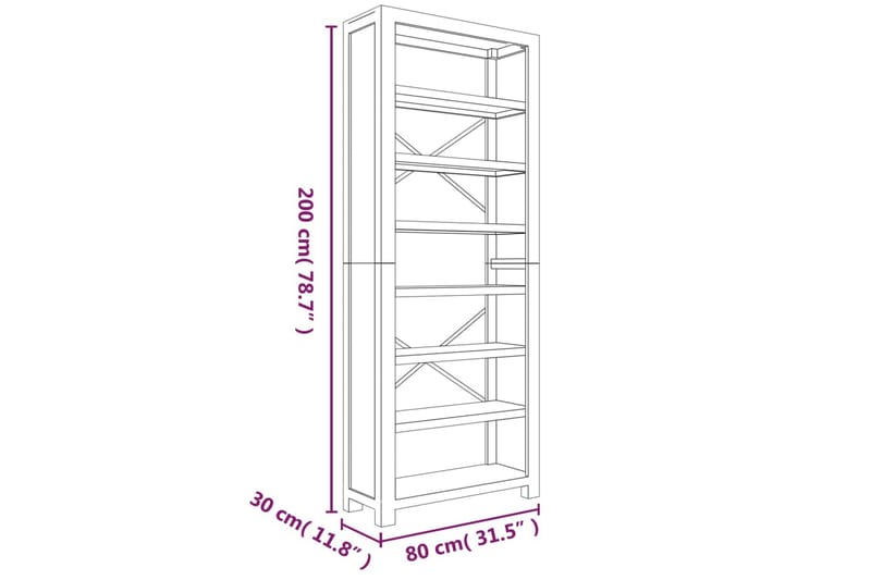 beBasic Bokhylla med 7 hyllor 80x30x200 cm massivt akaciaträ - Förvaring - Hyllor - Bokhylla