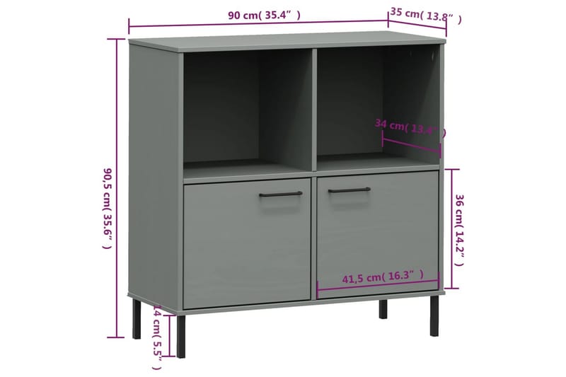 beBasic Bokhylla med metallben OSLO grå 90x35x90,5 cm massivt trä - Förvaring - Hyllor - Bokhylla