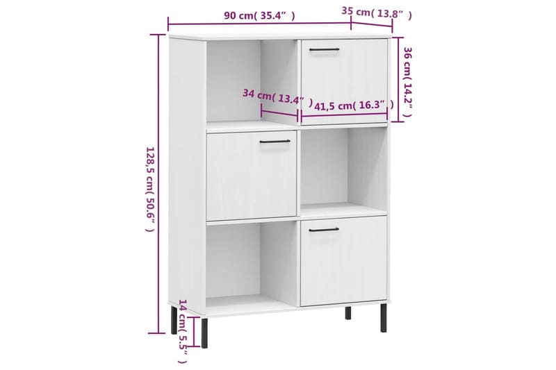 beBasic Bokhylla med metallben OSLO vit 90x35x128,5 cm massivt trä - Förvaring - Hyllor - Bokhylla