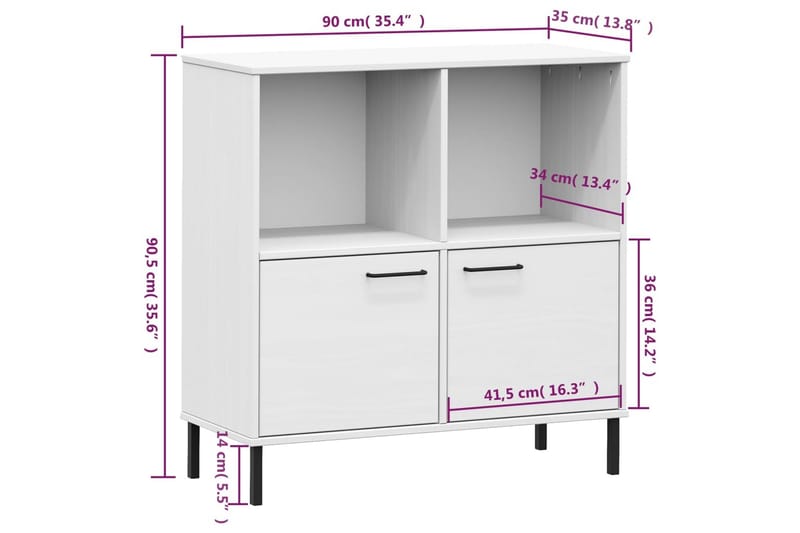 beBasic Bokhylla med metallben OSLO vit 90x35x90,5 cm massivt trä - Förvaring - Hyllor - Bokhylla