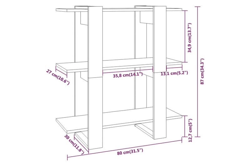 beBasic Bokhylla/Rumsavdelare vit högglans 80x30x87 cm - Förvaring - Hyllor - Bokhylla