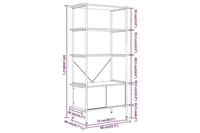 beBasic Hyllenhet 5 nivåer med skåp 80x40x163 cm stål konstruerat trä - Förvaring - Hyllor - Bokhylla