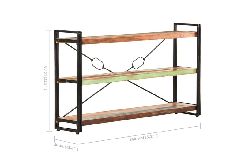 Bokhylla med 3 hyllor 140x30x80 cm massivt återvunnet trä - Flerfärgad - Förvaring - Hyllor - Bokhylla