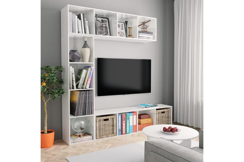 Bokhylla/TV-bänk 3 delar set vit högglans 180x30x180 cm - Vit högglans - Förvaring - Hyllor - Bokhylla