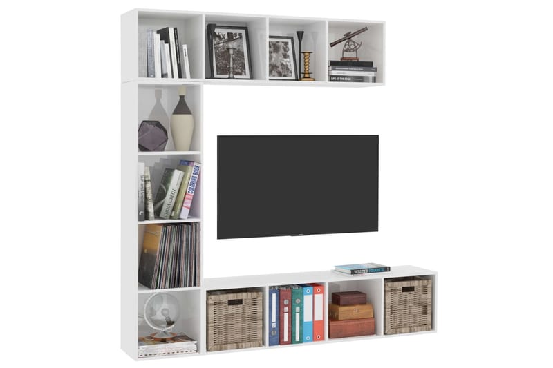 Bokhylla/TV-bänk 3 delar set vit högglans 180x30x180 cm - Vit högglans - Förvaring - Hyllor - Bokhylla