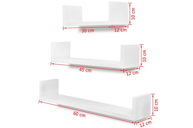 Flytande U-formade bokhyllor i MDF 3 st vit - Vit - Förvaring - Hyllor - Bokhylla