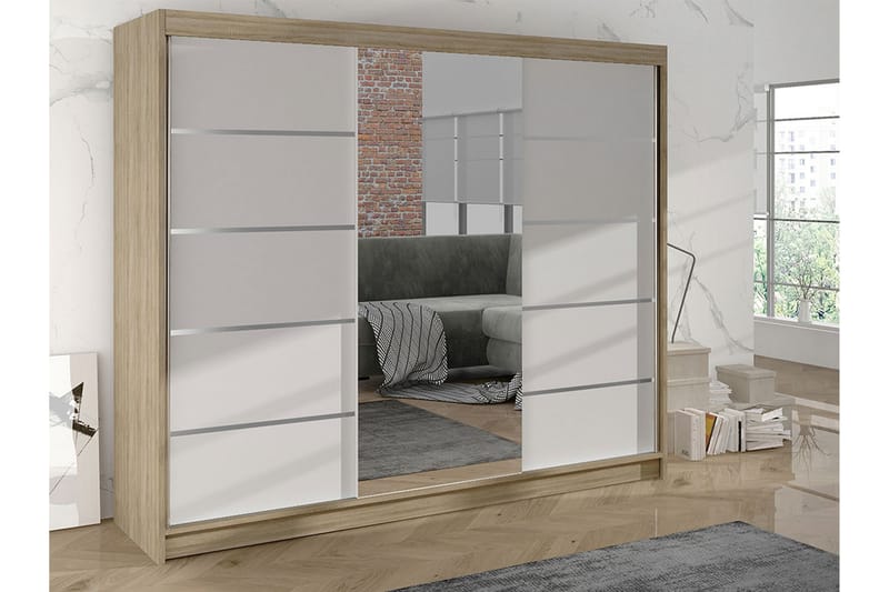 Cyria Garderob med rymlig Förvaring och Skjutdörrar med Spegel 200x215 cm Vit/Beige - Vit/Beige - Förvaring - Sko- & klädförvaring - Garderober & garderobssystem