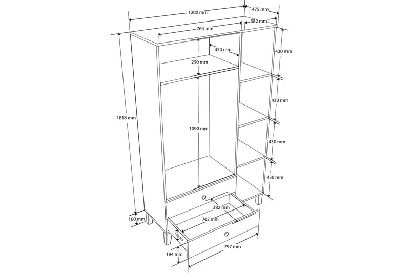 Huddy Garderob 120x191,8 cm Ek/Vit - Förvaring - Sko- & klädförvaring - Garderober & garderobssystem