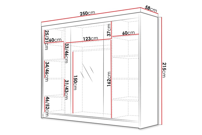 RHENE Garderob med Spegel 250x215 cm Svart/Vit - Förvaring - Sko- & klädförvaring - Garderober & garderobssystem