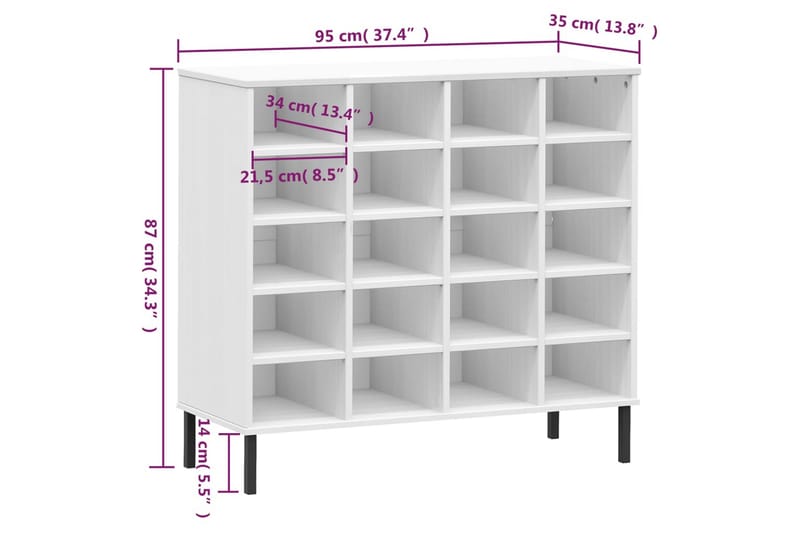 beBasic Skohylla med metallben OSLO vit 95x35x87 cm massivt trä - Förvaring - Sko- & klädförvaring - Skoförvaring