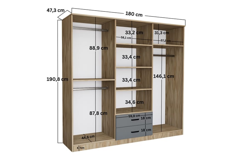 Yaman Garderob 180x190 cm Grå/Vit - Förvaring - Sko- & klädförvaring - Garderober & garderobssystem