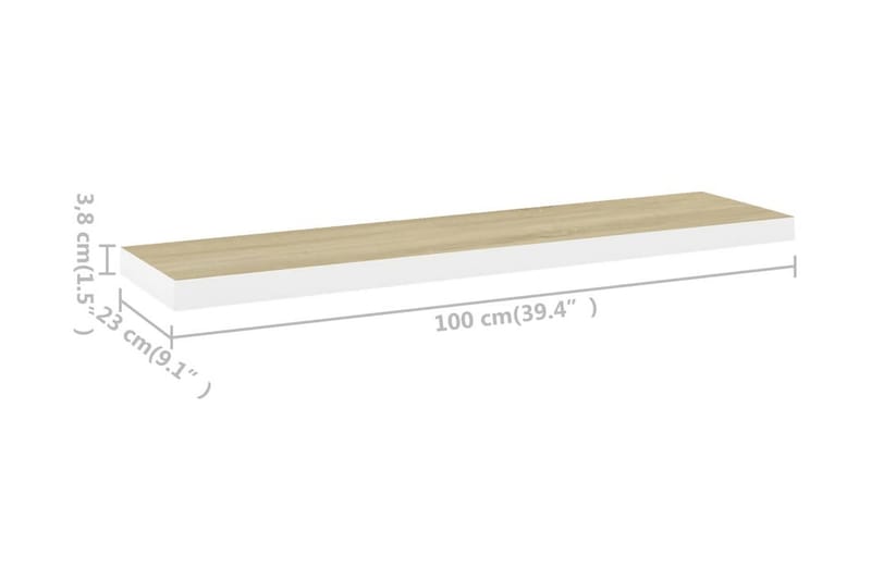 Svävande vägghyllor 2 st ek och vit 100x23,5x3,8 cm MDF - Vit - Förvaring - Köksförvaring - Kökshylla