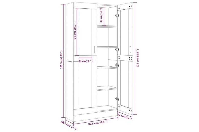 beBasic Vitrinskåp brun ek 82,5x30,5x185,5 cm konstruerat trä - Förvaring - Skåp - Vitrinskåp