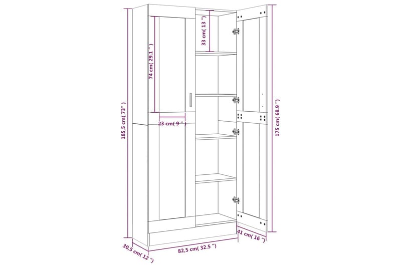 beBasic Vitrinskåp grå sonoma 82,5x30,5x185,5 cm konstruerat trä - Förvaring - Skåp - Vitrinskåp