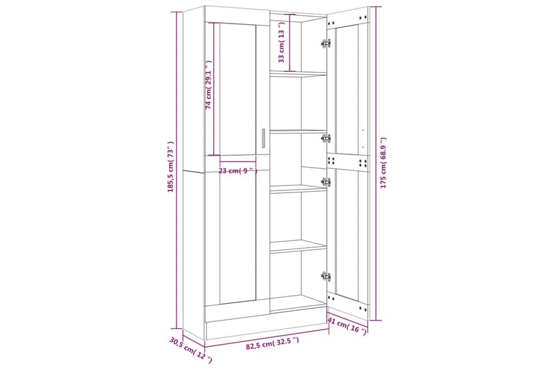 beBasic Vitrinskåp rökfärgad ek 82,5x30,5x185,5 cm konstruerat trä - Förvaring - Skåp - Vitrinskåp