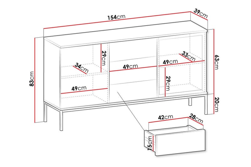 Klinkerville Lågt vitrinskåp - Display med belysning - Trä - D39xH83xB154 cm - Förvaring - Skåp - Vitrinskåp