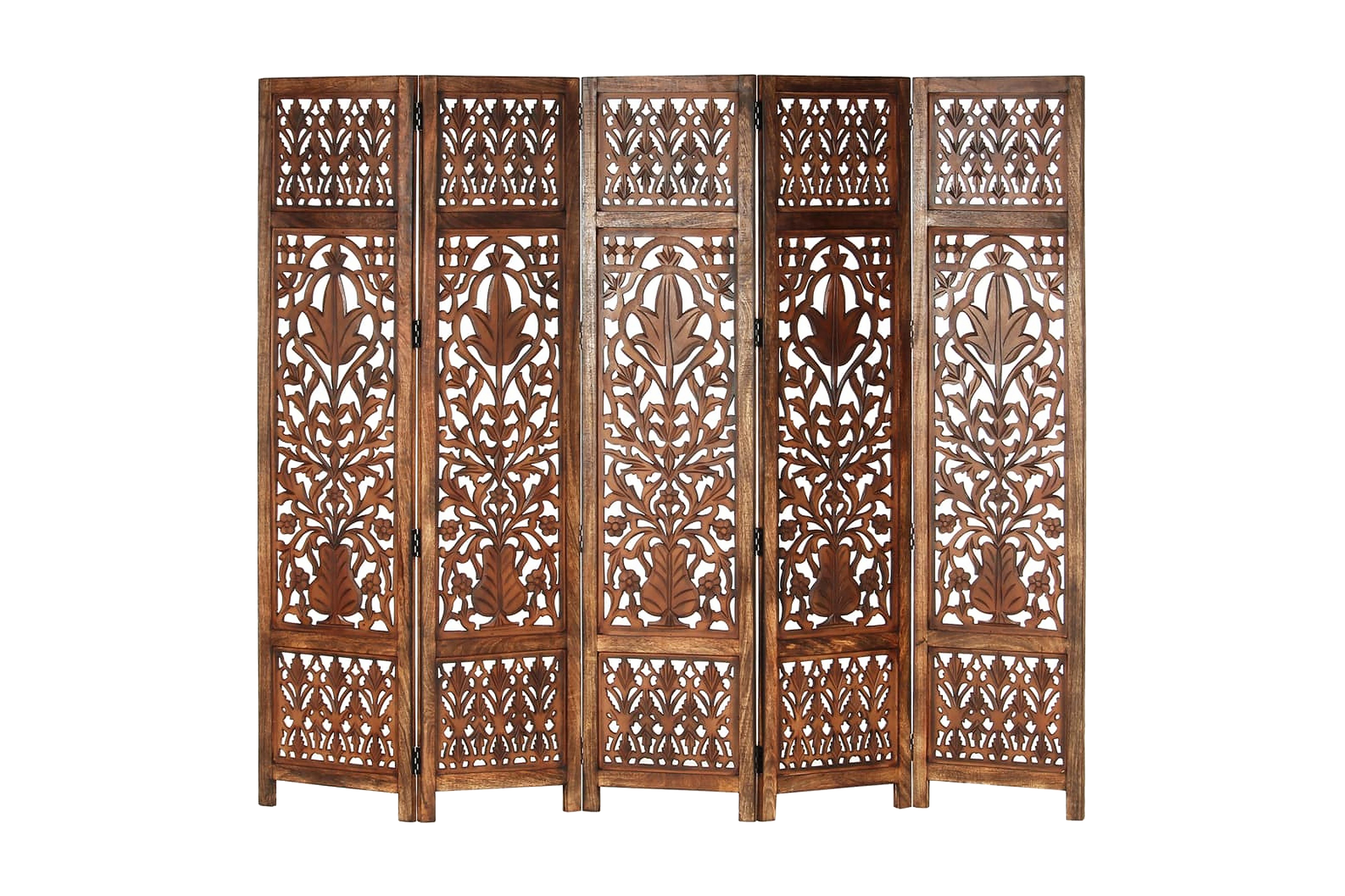 Rumsavdelare 5 paneler handsnidad brun 200×165 cm mangoträ –