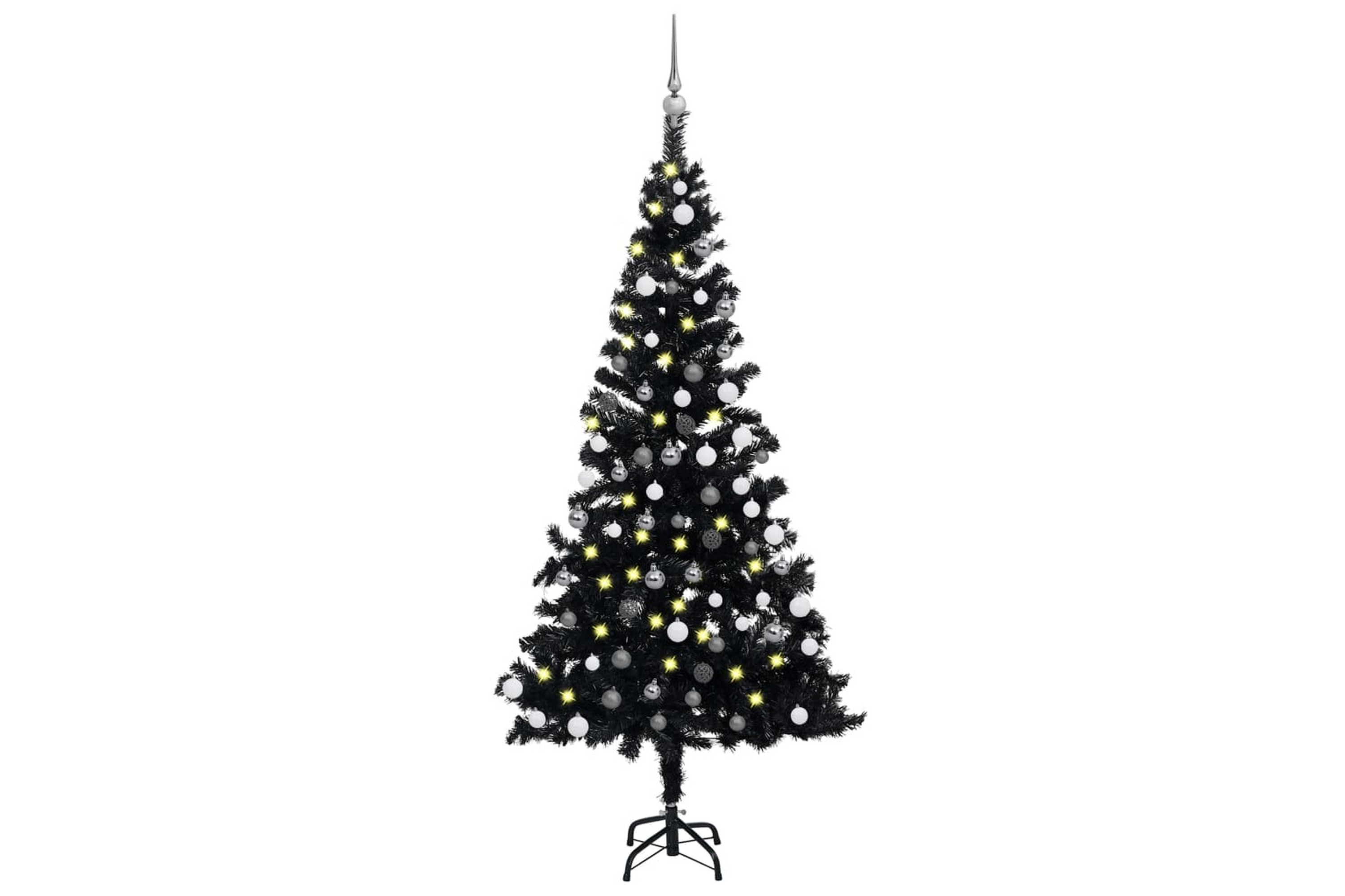 Plastgran med LED och julgranskulor svart 150 cm PVC –