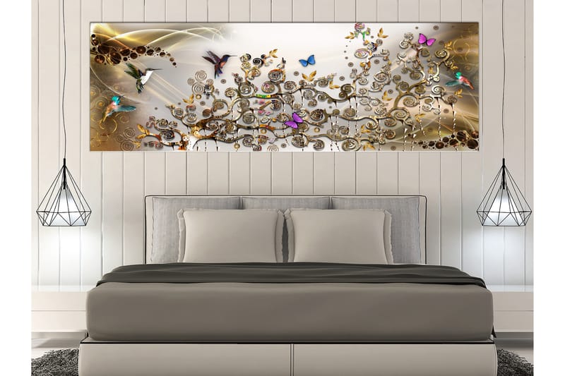 TAVLA Hummingbirds Dance (1 Part) Gold Narrow 120x40 - Artgeist sp. z o. o. - Inredning & dekor - Tavlor & konst - Canvastavla