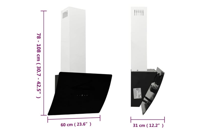 Köksfläkt 60 cm stål och härdat glas svart - Svart - Kök & hushåll - Hushållsmaskiner & vitvaror - Köksfläkt & spisfläkt - Vägghängd köksfläkt