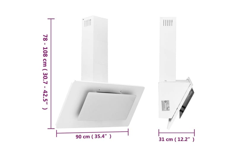 Köksfläkt 90 cm rostfritt stål och härdat glas vit - Vit - Kök & hushåll - Hushållsmaskiner & vitvaror - Köksfläkt & spisfläkt - Vägghängd köksfläkt