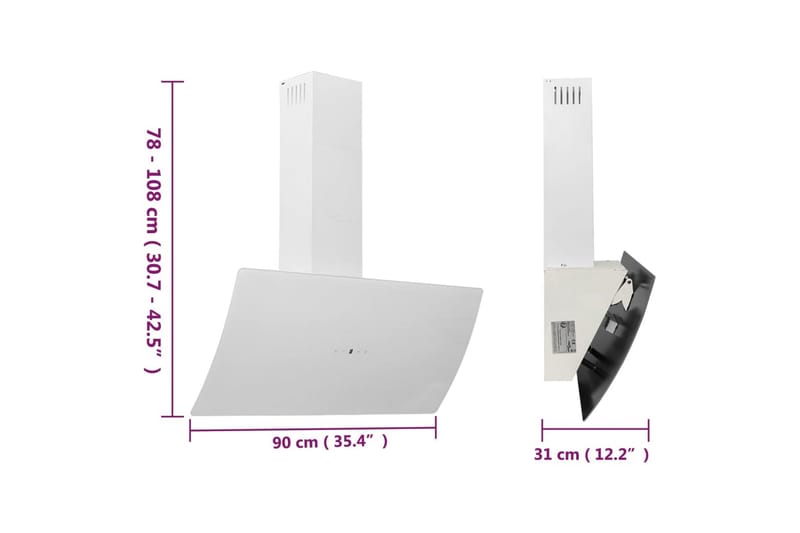 Köksfläkt 90 cm stål och härdat glas vit - Vit - Kök & hushåll - Hushållsmaskiner & vitvaror - Köksfläkt & spisfläkt - Vägghängd köksfläkt