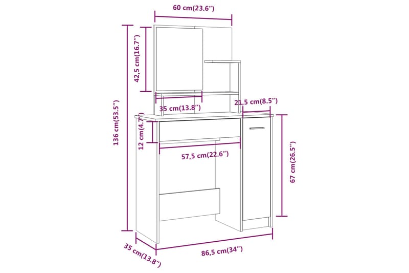 beBasic Sminkbord med spegel brun ek 86,5x35x136 cm - Möbler - Bord