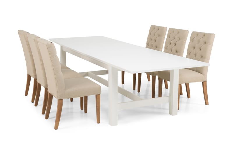 ALLIE Matbord 240/300 Vit + 6 JENCA Stol Beige - Möbler - Matplats - Matgrupp & matbord med stolar