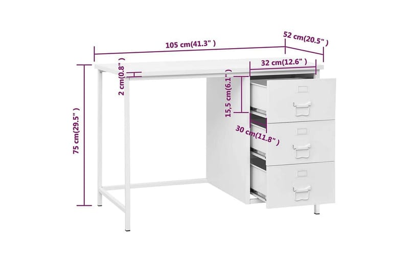 Skrivbord med lådor industriell vit 105x52x75 cm stål - Vit - Möbler - Hemmakontor - Skrivbord